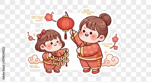 Two cute cartoon children in traditional red outfits celebrating Chinese New Year with a lantern and coins.