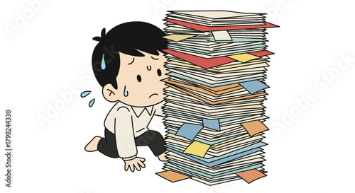 A stressed and overwhelmed cartoon man kneeling next to a massive, towering stack of paperwork and documents.
