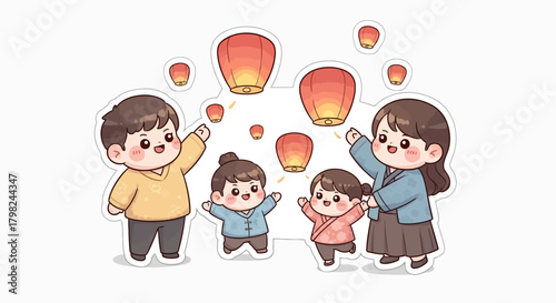 A happy cartoon family of four releasing glowing sky lanterns together in a cute illustration style.