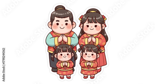 An adorable cartoon illustration of a Chinese family of four, dressed in traditional red outfits, giving a festive greeting.