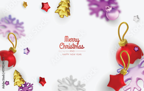 Happy New Year and Merry Christmas. Christmas holiday background with realistic 3d objects, bauble balls, conical metal stars. Levitation falling design composition.