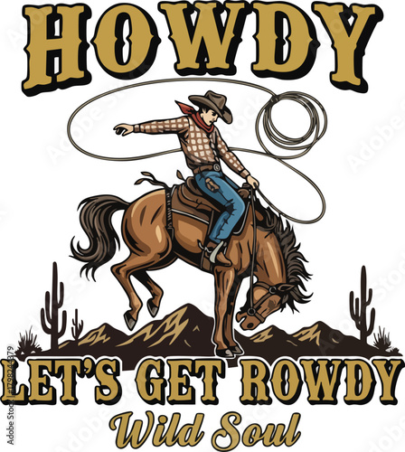 A dynamic illustration of a cowboy riding a bucking horse with a lasso, set against a desert landscape and featuring bold text