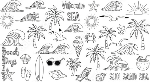 A playful collection of hand-drawn doodles for beach and summer themes. Features waves, palm trees, sun, seashells, ice cream, and a surfboard
