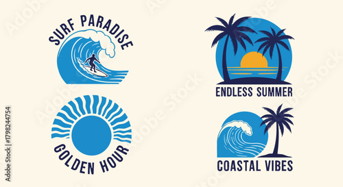 A set of four retro surfing and beach vacation emblems featuring palm trees, ocean waves, sunbursts, and surfers with text like "Coastal Vibes" and "Endless Summer