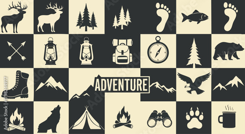 A versatile set of black and white icons representing outdoor adventure, camping, and wilderness themes, perfect for graphic design projects