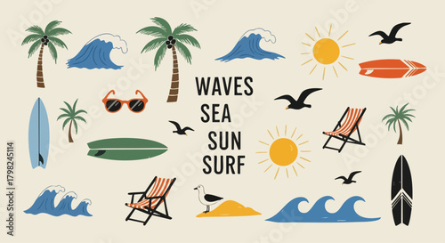 A vibrant flat design collection of summer icons including surfboards, palm trees, waves, sun, seagulls, sunglasses, and beach chairs