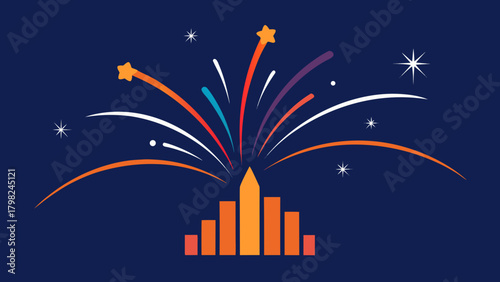 A dazzling New Year's Eve fireworks illustration illuminates the dark urban skyline with a cityscape of tall skyscraper buildings and a bright moon in the night sky