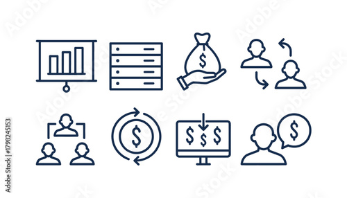Finance and Business Management Line Icon Set: Bar Chart Presentation, Data Server, Money Handout, Human Resources, Exchange Rate, and Investment Symbols