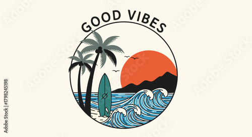 A vibrant, retro-style vector illustration in a circular frame, featuring a tropical beach scene with "GOOD VIBES" text arched above
