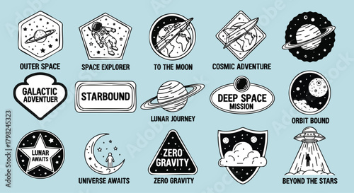 A vintage set of black and white space exploration badges and patches featuring astronauts, rockets, planets, and moons
