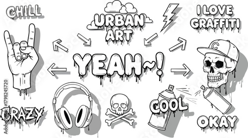 Black and white collection of urban art and graffiti elements including slang words, skull, hand signs, and spray cans