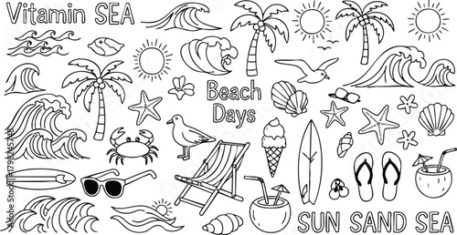 Black and white doodle set featuring essential summer vacation elements like palm trees, waves, sea creatures, and relaxation icons perfect for coloring pages