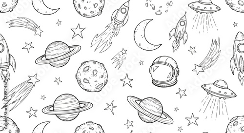 Black and white seamless outer space pattern featuring hand-drawn rockets, Saturn, moons, and stars