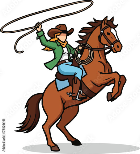 Cartoon cowgirl on a rearing horse, swinging a lasso. This dynamic vector illustration is perfect for rodeo, equestrian, or Wild West themes