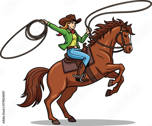 Cartoon illustration of a confident female cowgirl wearing a cowboy hat, rearing a brown horse while swinging a lariat rope in an action pose