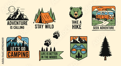 Collection of camping and outdoor adventure themed vector illustrations with mountain, bear, and camper van designs