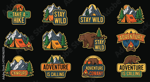 Collection of camping and outdoor adventure vector badges. The emblems feature mountains, tents, bears and slogans like "Take a hike" and "Stay wild"