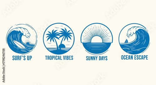Collection of round badge vector icons with summer and vacation concepts