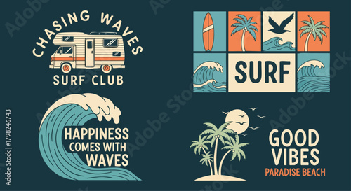 Collection of retro-style vector emblems and patches for surf culture, featuring RVs, waves, palm trees, and positive beach slogans