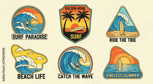 Collection of vibrant surfing themed badges, featuring surfers riding waves, palm trees, and sunsets