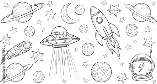 Cute black and white outline collection of space elements perfect for coloring pages, including planets, stars, rockets, UFOs, and an astronaut helmet