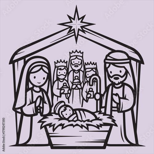 From Bible Jesus birth line art vector