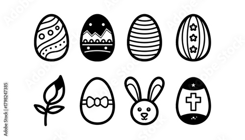 Easter Holiday Line Icon Set: Decorative Eggs with Patterns, Easter Bunny, Spring Flower, and Christian Cross Symbols for Celebration and Spring Concepts