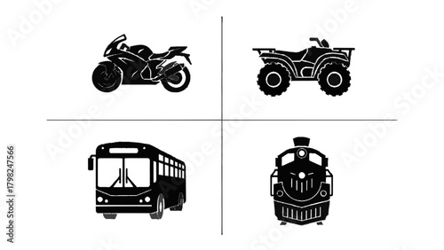 Vector illustration of four different vehicle icons arranged in a grid isolated on transparent background on a transparent background