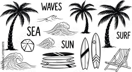 Hand-drawn black and white vector collection of beach and surf essentials. Features palm trees, waves, surfboards, a beach chair, and an umbrella