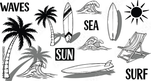 Hand-drawn black and white vector set of tropical beach and surf elements. Features palm trees, surfboards, waves, sun, and beach chair