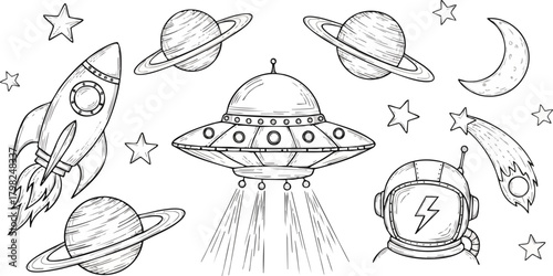 Hand-drawn set of retro cosmic elements including a rocket, UFO, astronaut helmet, planets, and stars