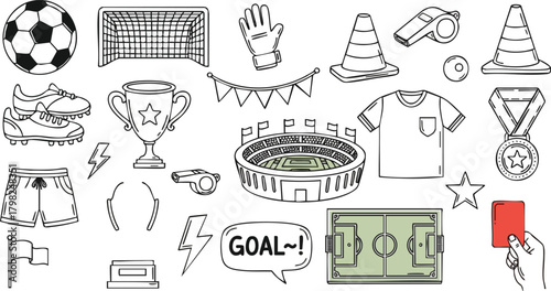 Hand-drawn soccer elements set illustration. Soccer ball, goal, trophy, shoes, field, red card, whistle, shirt, and more