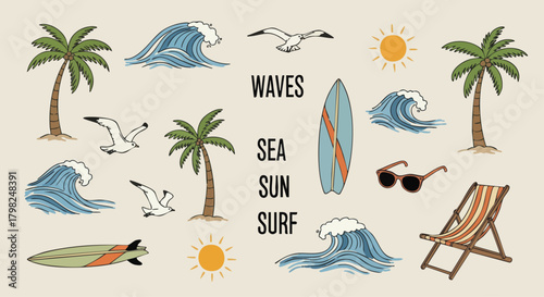 Hand-drawn vector elements for summer, beach, and surf themes