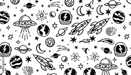 Whimsical hand drawn space doodle pattern with planets rockets and ufos