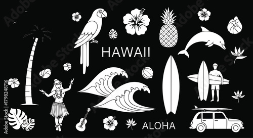 Icon set featuring black and white line art of Hawaiian travel elements like hula dancer, parrot, surfboards, waves, and tropical flora for vacation themes