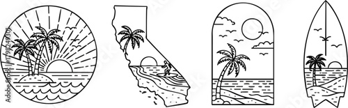 Monochrome line art of California coastal scenes featuring palm trees, ocean, and surfing. Ideal for travel, recreation, and summer themes