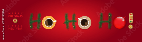 Christmas horizontal banner with HO-HO-HO inscription made from coffee cups, fir tree branches, red ball and xmas cookies on the red background. Vector decorative illustration