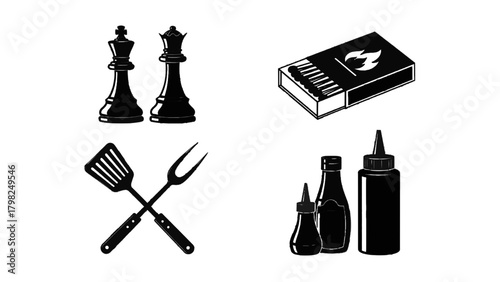 Vector illustration of chess king and queen, matchbox, barbecue tools, and sauce bottles isolated on transparent background on a transparent background