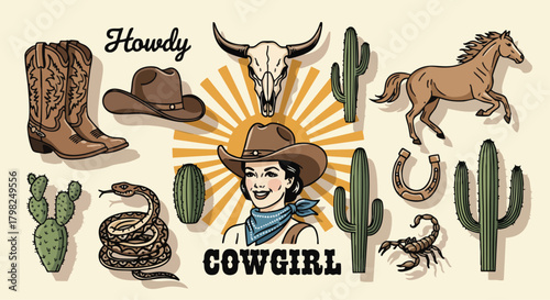Retro illustration set featuring a smiling cowgirl, cowboy boots, hat, horse, bull skull, cactus, snake, and scorpion, perfect for Western themes