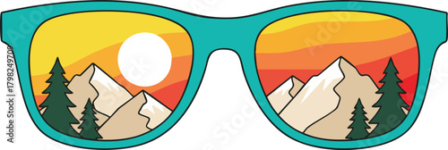 Retro sunglasses illustration reflecting a colorful sunset mountain landscape scene