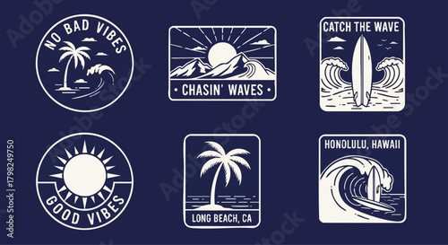 Retro surf designs with various graphics including waves, surfboards, palm trees, and motivational phrases