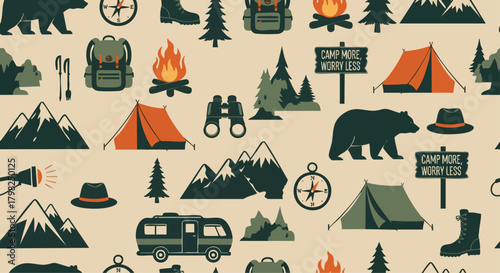 Seamless pattern of camping and outdoor adventure icons. Tents, mountains, trees, bears, campfires, and essential gear in a flat design