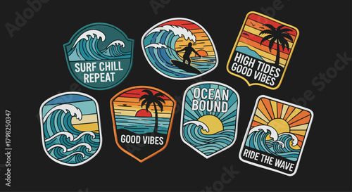Set of colorful, retro-style surf patches with ocean waves, sunsets, and motivational text for beach lovers and surfers