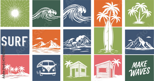 Set of colorful surf-themed graphic icons. Retro vector illustrations of waves, palm trees, and a camper van for a summer beach lifestyle