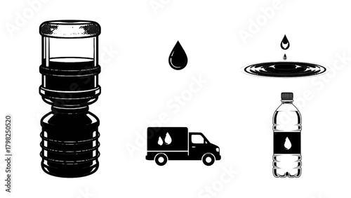 Vector illustration of collection of waterrelated icons including a dispenser, bottle, and delivery truck on a transparent background