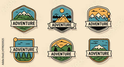 Set of six colorful, hand-drawn outdoor adventure badges, perfect for hiking and camping branding