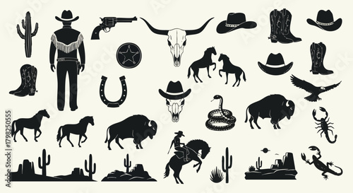 Silhouette vector illustration of cowboy and western themed icons