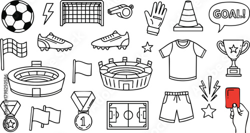Soccer doodle illustration containing soccer ball, goal, whistle, field, jersey, stadium, trophy, red card and more