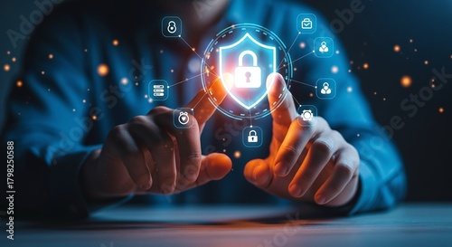 Personal data protection and online security concept, digital shield with lock icon and connected network of abstract icons representing data privacy, cybersecurity and safe internet access