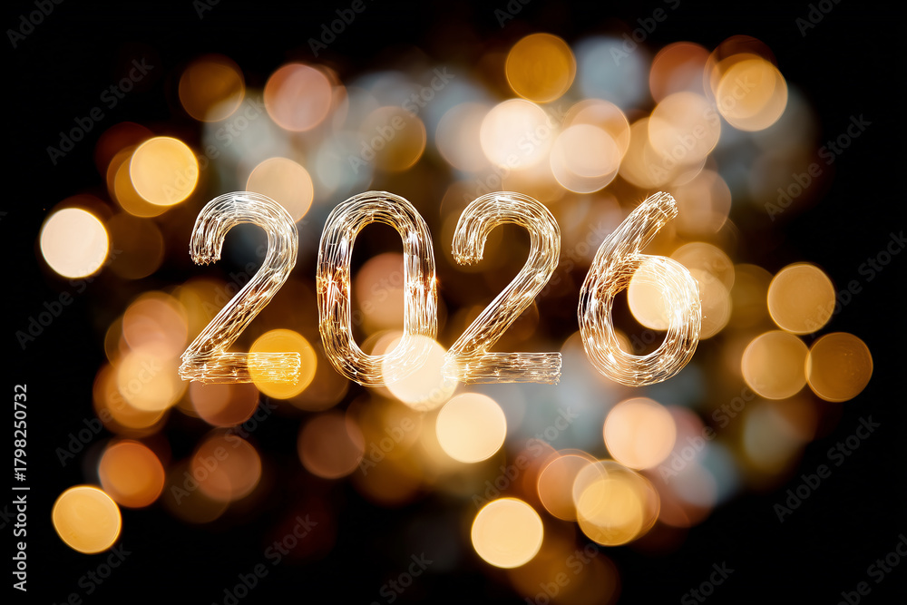 Fototapeta premium Zahl 2026 vor buntem Bokeh – festliche Neujahrs- und Silvesterstimmung